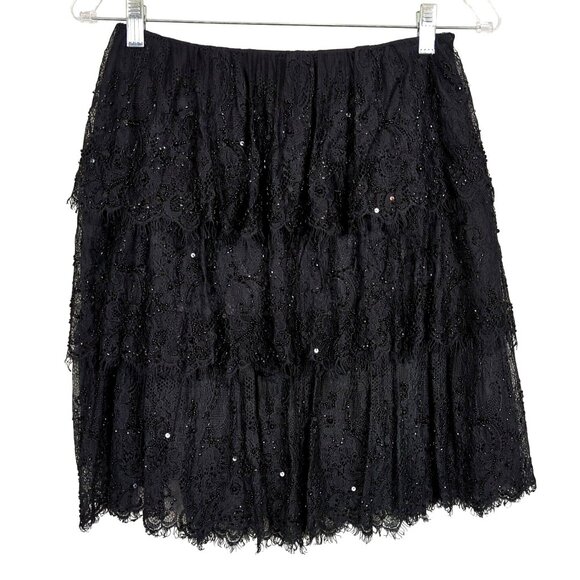Mary Bays Black Beaded Lace black Skirt Sz 4 Tiered Fringe Hem Party Evening - Picture 1 of 10